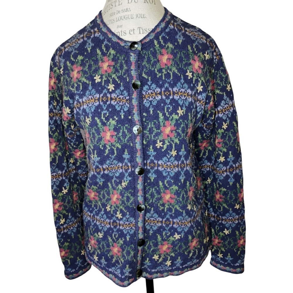 Vintage Talbots Cardigan Sweater Womens Med Blue Floral Silk Blend Cottagecore